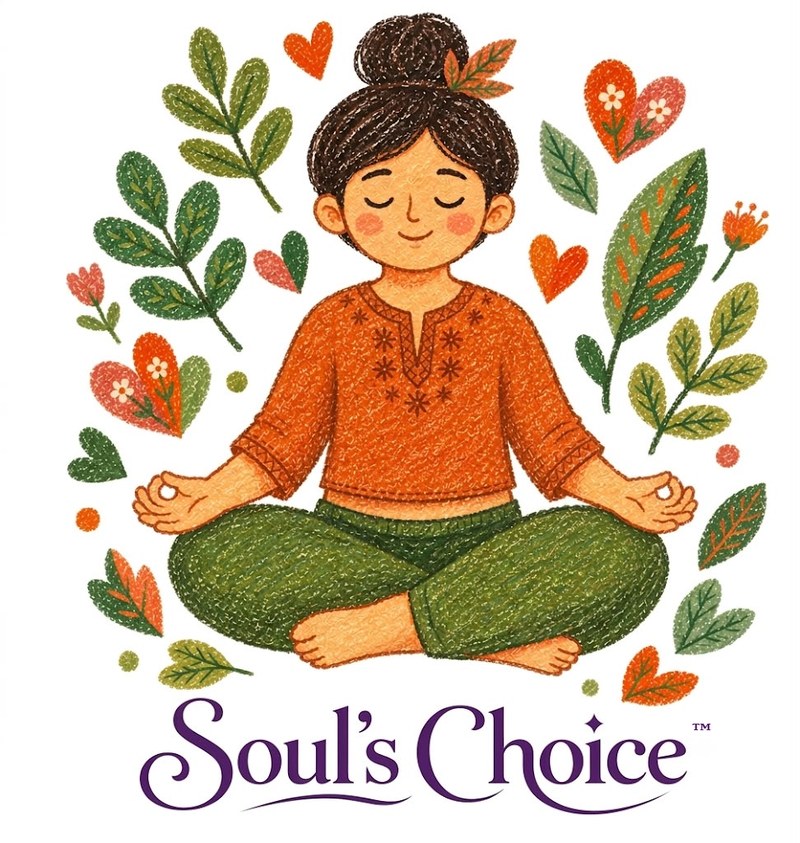Soul's Choice logo: a smiling girl meditating among leaves and hearts